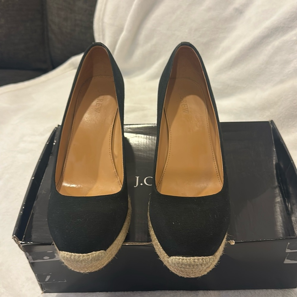 LIKE NEW J. CREW CANVAS ESPADRILLE WEDGE SHOES SIZE 9.5 COLOR BLACK AND CREAMY - Picture 2 of 11